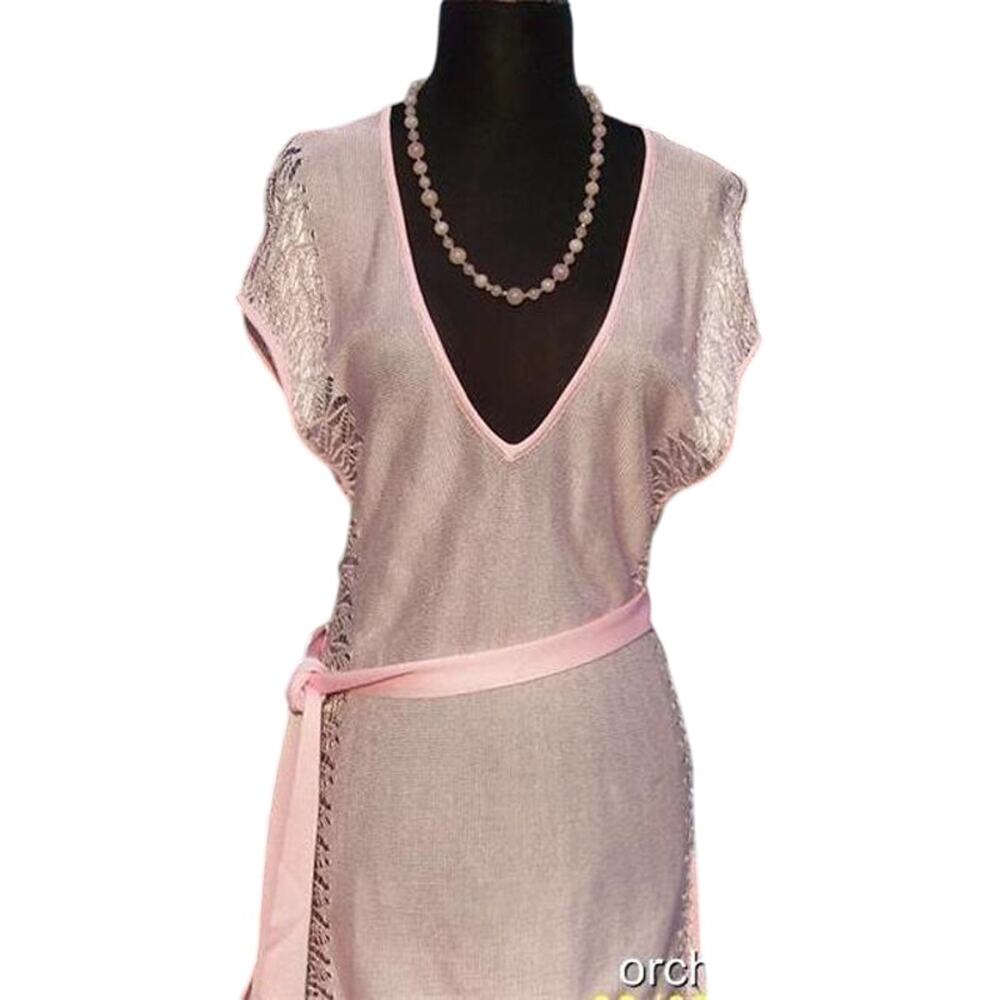 Cache Pink Peek A Boo Sides Knit Tunic Removable Belt Top Stretch Deep V NWT $98